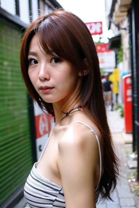 Best quality,masterpiece,ultra high res,photorealistic,1girl,slim body,japanese street alley,dynamic pose,face closeup,depth of field,<lora:shuyau_kuo:1>,