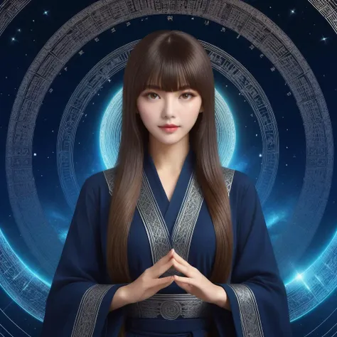 a woman in a blue robe standing in front of a circular background