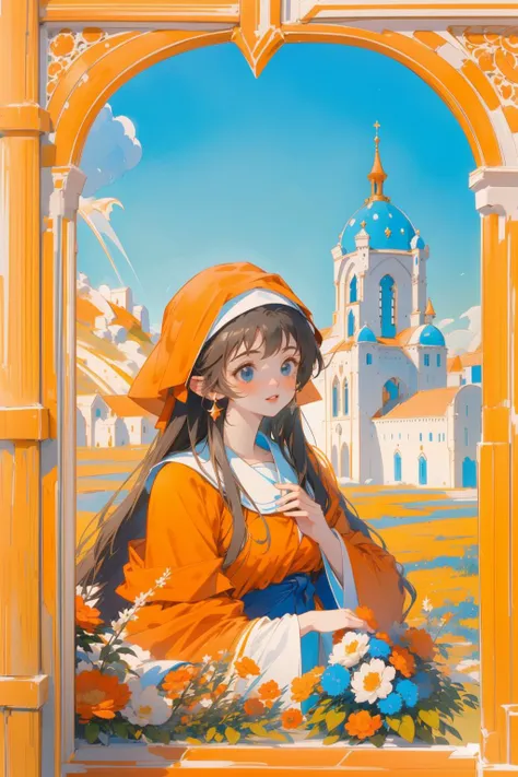 a painting of a woman in an orange dress and hat