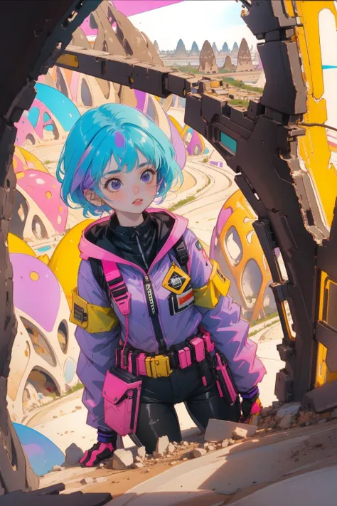 a woman with blue hair and a pink jacket standing in a tunnel