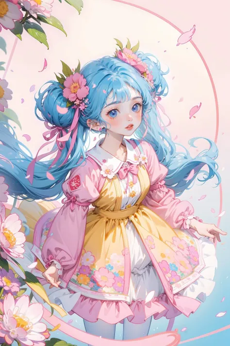 a close up of a girl with blue hair and a pink dress