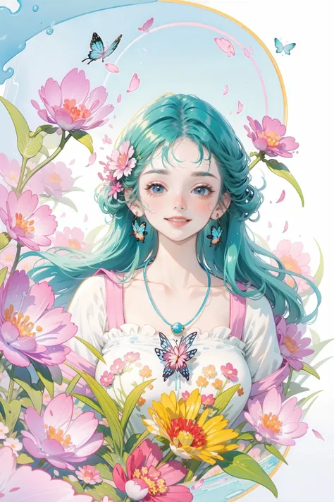 a girl with blue hair and flowers in her hair