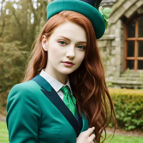 st. patricks day,celtic culture,celtic mythology,clover,1girl,red hair,green clothes,green long upper shan,top hat