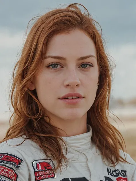 raw phtoto, realistic, 90s portrait of a red headed female nascar driver