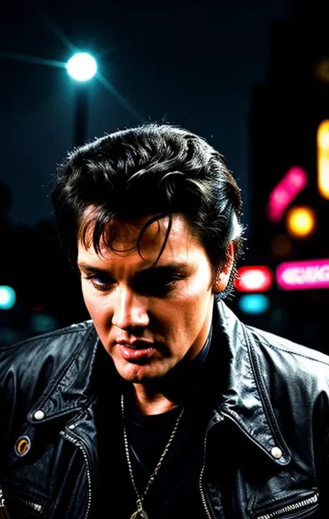 front view closeup photo of ((Elvis Presley)),((Cyberpunk)) [futuristic] BREAK [neon night scene], [all of the lights, neon lights], [Elvis arrives in the future in cyberpunk style] BREAK [cinematic framing], [cyberpunk setting], [cyberpunk lighting], [per...