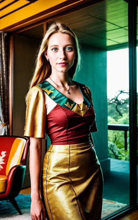 Close up portrait of 27 yo Austrian Royal woman in ceremonial European dress, standing inside glass living room of modern glass house located in the African savanna, ouside is vibrant colorful sunset, National Geographic style featuring photographer Annie ...