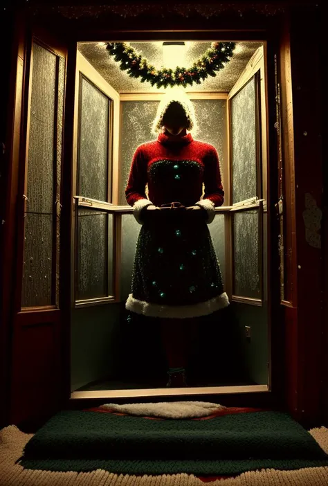 arafed woman in a red sweater and skirt standing in a doorway