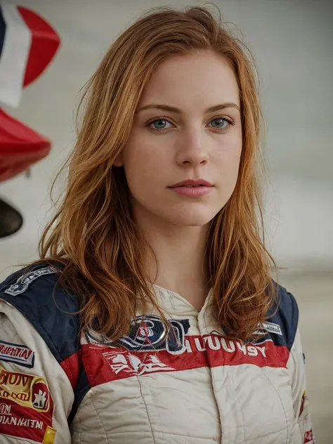 raw phtoto, realistic, 90s portrait of a red headed female nascar driver