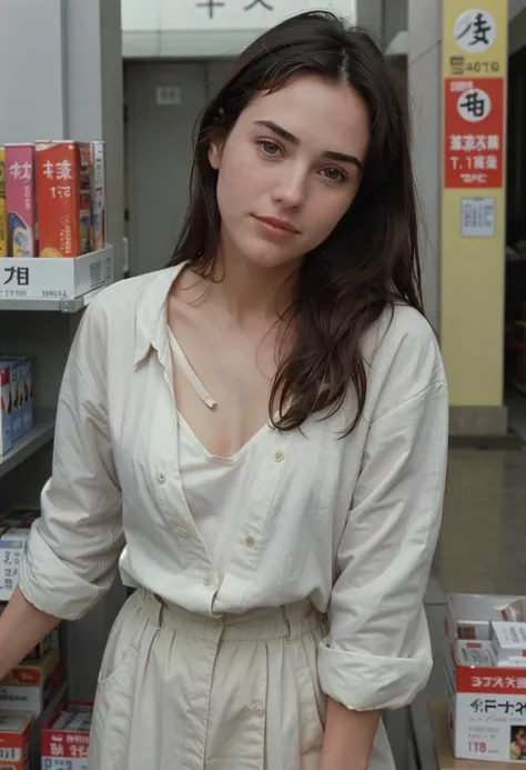 1 woman, 18 years old, shot on fujifilm, (face of Jennifer Connelly in 1988:.83), casual 80s clothing, <lora:80s Japan 2:.6>, Color film photograph - 1980s - Tokyo - Japan