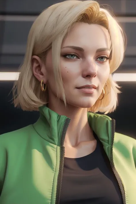 masterpiece, best quality, ultra-detailed, absurdres, Potrait of beautiful Android18DB, solo, earrings, jewelry, looking_at_viewer, jacket, smile, breasts, pants, track_jacket, track_suit, crossed_arms, volumetric lighting, best quality, masterpiece, intri...