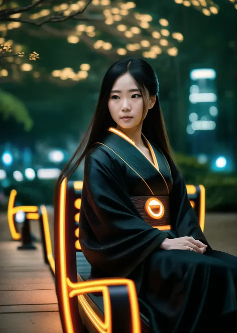 adorable woman sitting on a bench in a japanese park, dynamic angle, close-up, leaves, wind, Style-TronLegacy-8v-A, full medium shot, 35mm lens, intricate details, long hair flowing with the wind, black glowing kimono, futuristic, cyberpunk, sword, circuit...