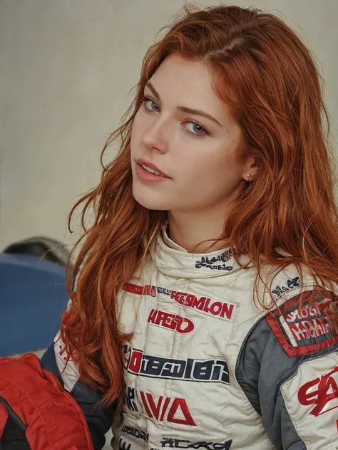 raw phtoto, realistic, 90s portrait of a red headed female nascar driver