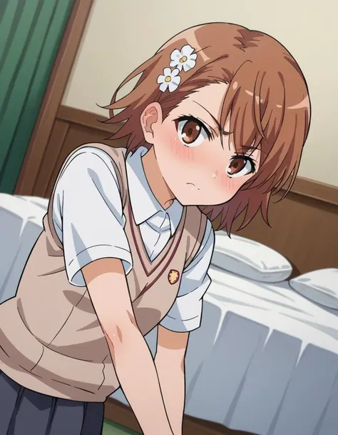 anime girl in uniform holding a tennis racket in a bedroom