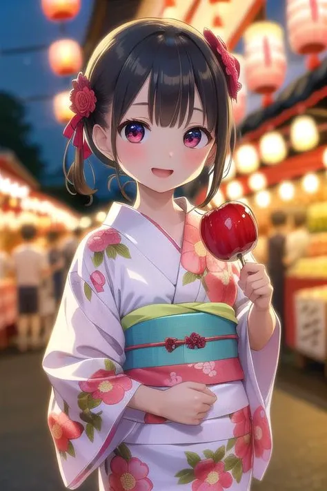 masterpiece,petite,best quality,ultra detail,(candy apple),girl,happy,blush,floral yukata,night,Festival,market,shop, RGAM,<lora:candy_apple_v1:0.5>