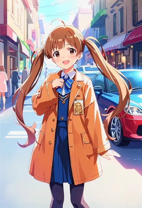 anime girl with long hair in a school uniform standing on a street