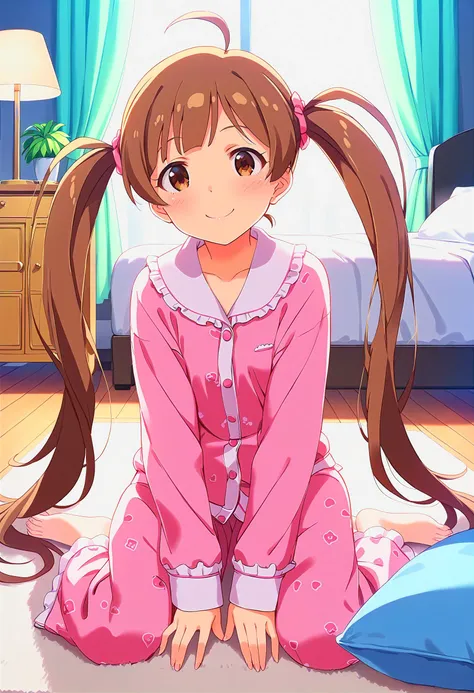 anime girl sitting on the floor in pajamas with ponytail hair