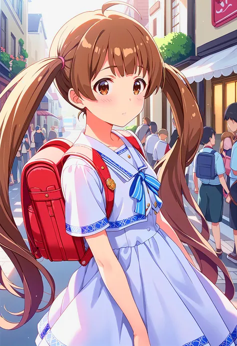 anime girl with long hair and a backpack walking down a street