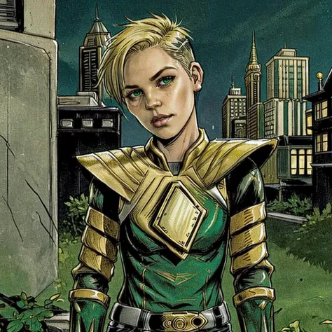 Woman, short blonde hair punk undercut, greenranger, city night<lora:Dragonranger:1>