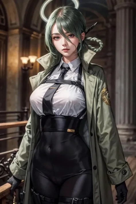 best quality,masterpiece,highres,original,extremely detailed wallpaper,perfect lighting,extremely detailed CG,<lora:add_detail:0.3>,standing,
<lora:BAMina:0.8>,m1na,long hair,green hair,red eyes,braid,hair over one eye,black gloves,black necktie,coat,colla...