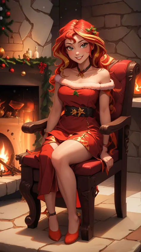 a woman in a red dress sitting in a chair near a fireplace