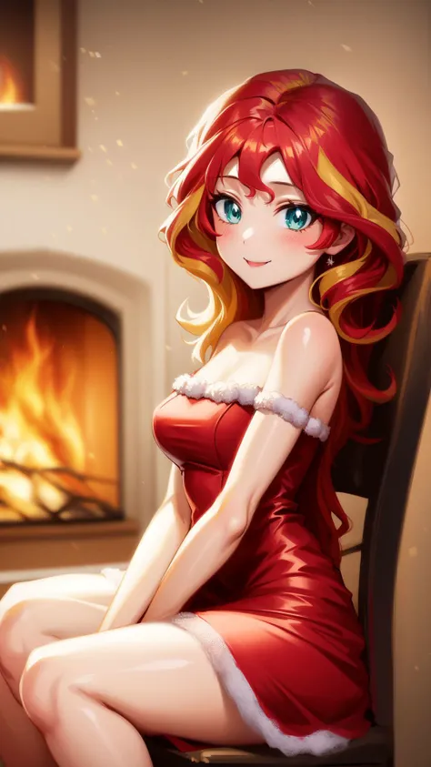 a woman in a red dress sitting in front of a fireplace