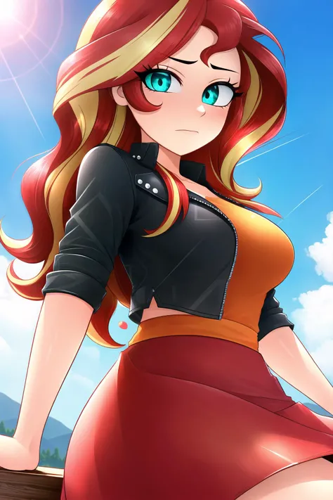 1girl, MLPSHIMMER, LEATHER JACKET, SKIRT, large breasts, aqua eyes, <lora:kiwi_v2_mix:0.5> <lora:mlp_sunsetshimmer:0.9>