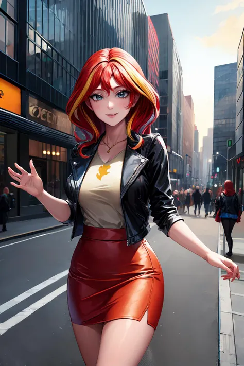 masterpiece, best quality, highres, mlpshimmer, leather jacket, skirt, multicolored hair, red hair, blonde hair, medium breasts, <lora:mlp_sunsetshimmer:0.8>, looking at viewer, light smile, city street, bustling traffic, towering buildings, pedestrian-fil...