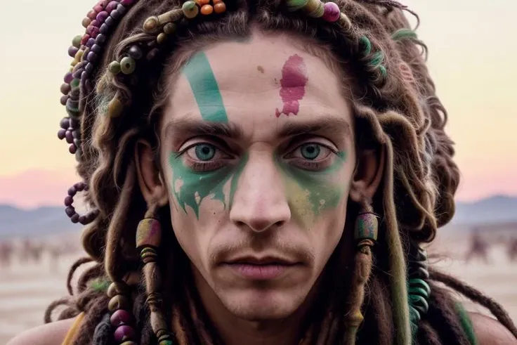 photo of man (m0ura:1) with light green eyes, face centered, hippie at burning man, covered in mud, long hair with ((colorful beads and dreads)), rainbow face paint, paint fading, dirty face, finely detailed eyes, award winning photography, sunset time, br...