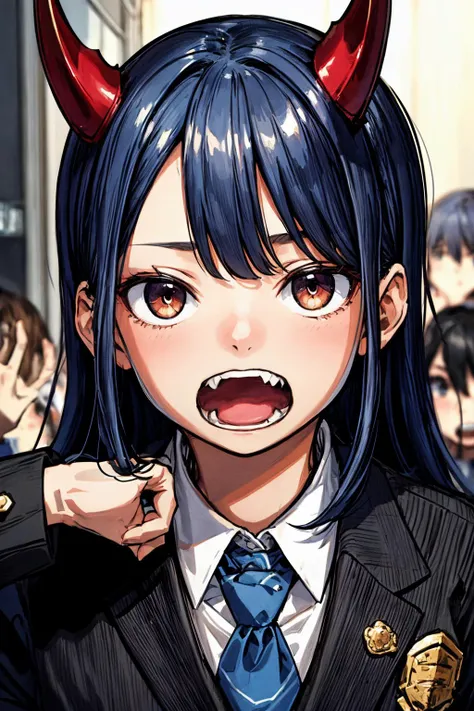 , looking at viewer, blue_hair,red_eyes, black_ blazer, blue_bowtie, collared_shirts,skirt, fangs, horns, long_sleeves, school_uniform, sharp_teeth,
(masterpiece), (best quality:1.2, high quality:1.2, scenery, highres, perfect face, expressive eyes, intric...