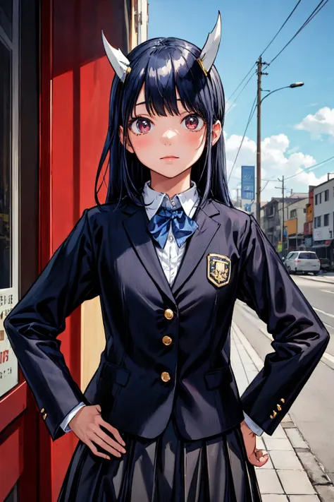 , looking at viewer, blue_hair,red_eyes, black_ blazer, blue_bowtie, collared_shirts,skirt, , horns, long_sleeves, school_uniform, 
(masterpiece), (best quality:1.2, high quality:1.2, scenery, highres, perfect face, expressive eyes, intricate shirt), <lora...