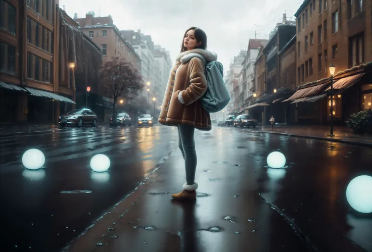 arafed woman walking down a wet street in the rain