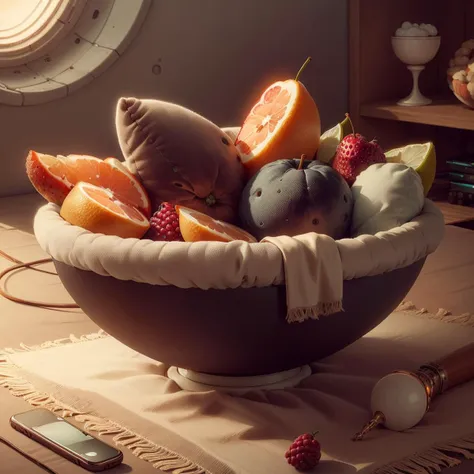 <lora:PlushTech-22:0.9>, plushtech ,scifi, soft velvet ,
bowl of fruits ,