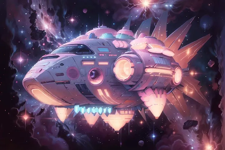 spaceship flying through space with stars and clouds in the background