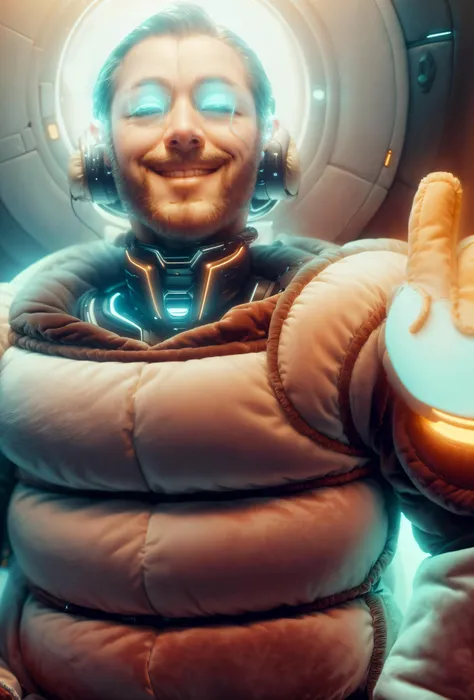 a close up of a person in a space suit holding a light