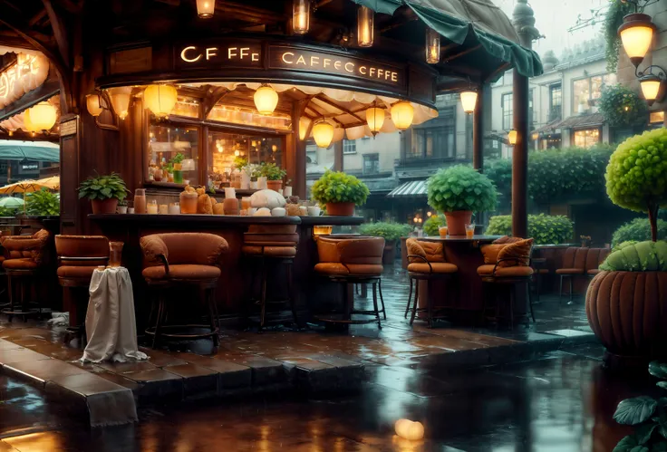 there is a restaurant with a bar and chairs in the rain