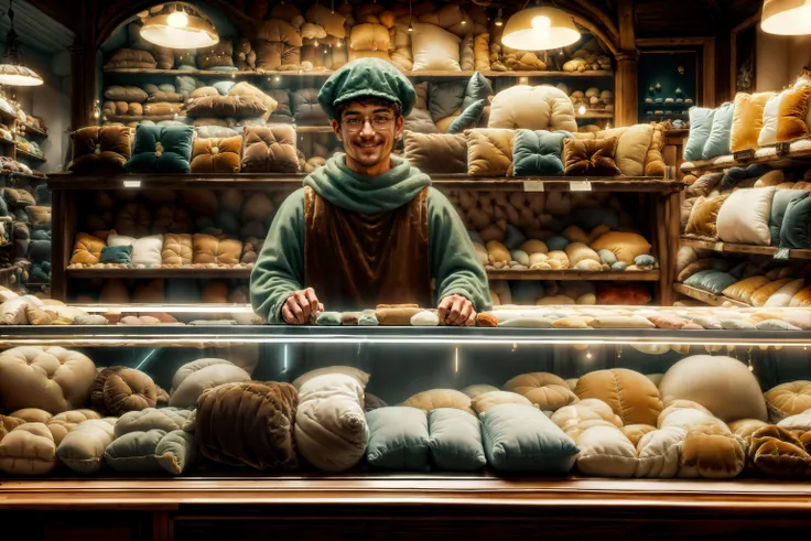 arafed man standing behind a display case of baked goods