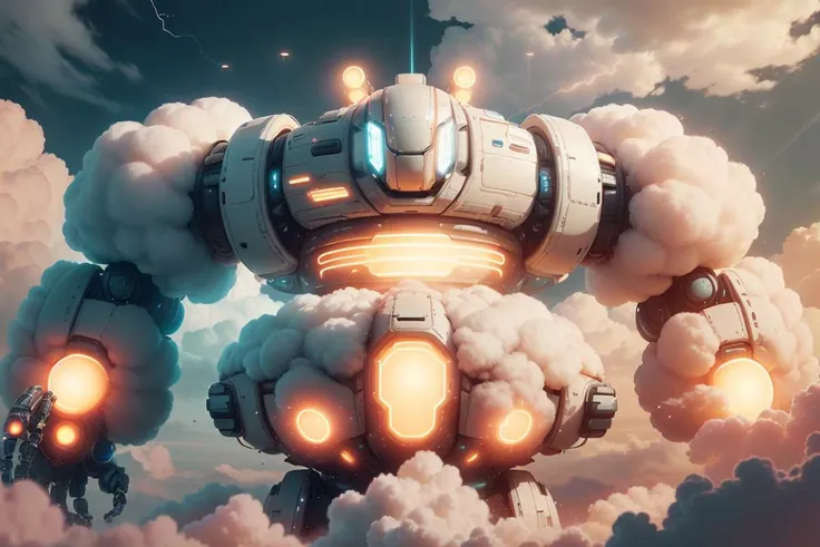 a close up of a robot flying through the air with clouds