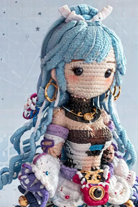 a close up of a doll with blue hair and a necklace