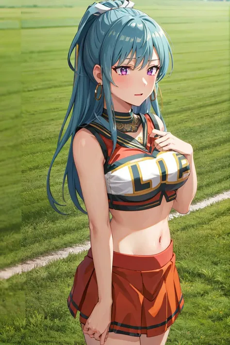 anime girl with blue hair and a red skirt posing in a field