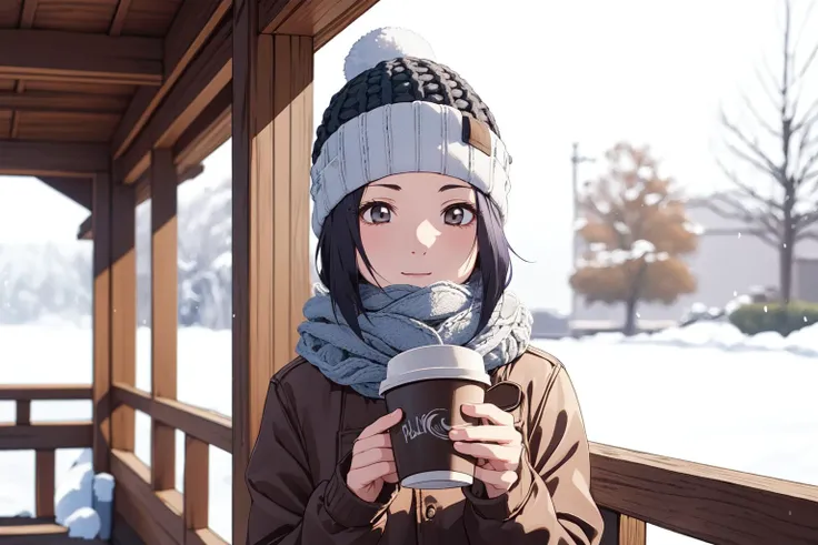 (RAW photo, best quality), 1girl,  natural lighting, outdoor,
<lora:innai_kansen_hikami_saeko_v1_2:1>,  hikami saeko,  
winter, beanie hat, a cup of coffee, snowflake, scarf,