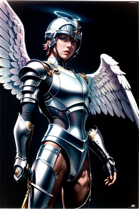 a close up of a woman in armor with wings on her back