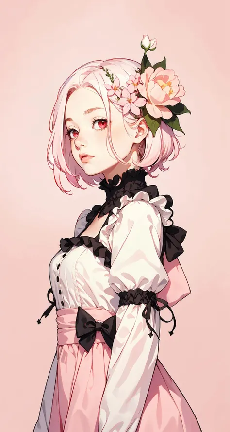 a girl with pink hair and a white dress with flowers in her hair