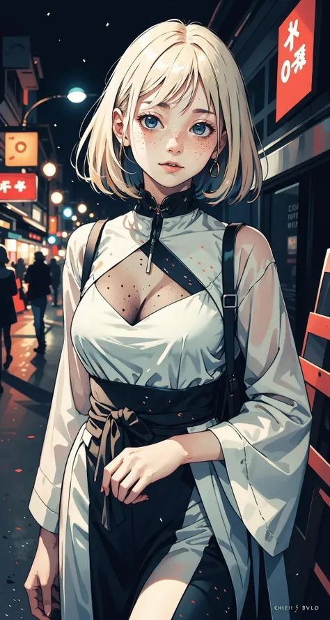 anime girl with blonde hair and blue eyes standing on a city street