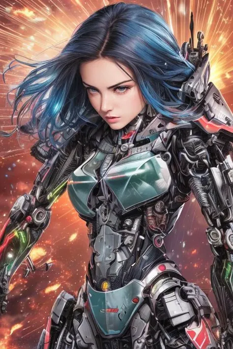 science fiction, (masterpiece, best quality, ultra detailed), ((multicolored hair, black hair, blue hair)), green eyes, suffering, (1girl:1.6), dynamic streaks, vibrant colors, technology, manga influence, comic, gun, mechagirl, full armour, cables, extrem...