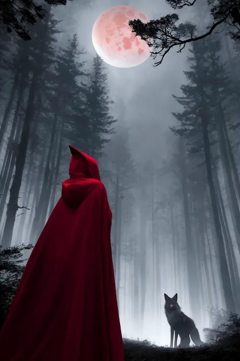 in the foreground is a beautiful woman lost in a dense forest, wearing a red hooded cloak and carrying a lantern. in the background is a wolf with glowing eyes. dark sky, foggy, night, blood moon.