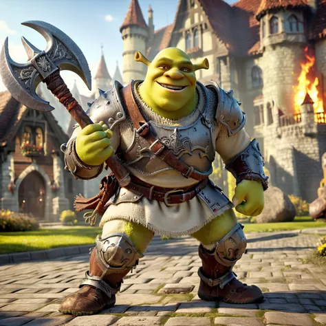 <lora:EnvyActionShotXL01:0.45>, action shot, no trespassers, one Shrek1024 wielding a battleaxe, <lora:Shrek1024:0.5>, (smiling:1.2), (tiny ears:1.3), worn out (old rusty armor:1.4), sunny day, 16k, uhd, dslr, insane details, misc, <lora:add-detail-xl:0.5>...