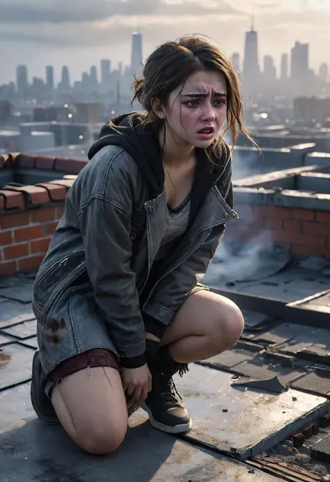 full figure, 18 years old, girl, on rooftop, (crying),screaming, crouched on the ground, terrified, alone, scared, torn clothes, realistic, highly detailed, intricately detailed, dystopian cityscape, foggy, (bokeh:0.6), sharp focus, dappled lighting, (back...