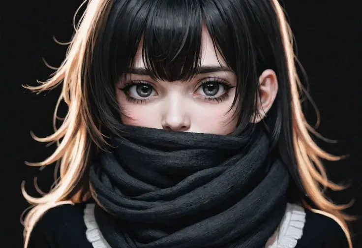 emogirl, bangs, black, black background, scarf over mouth, realistic