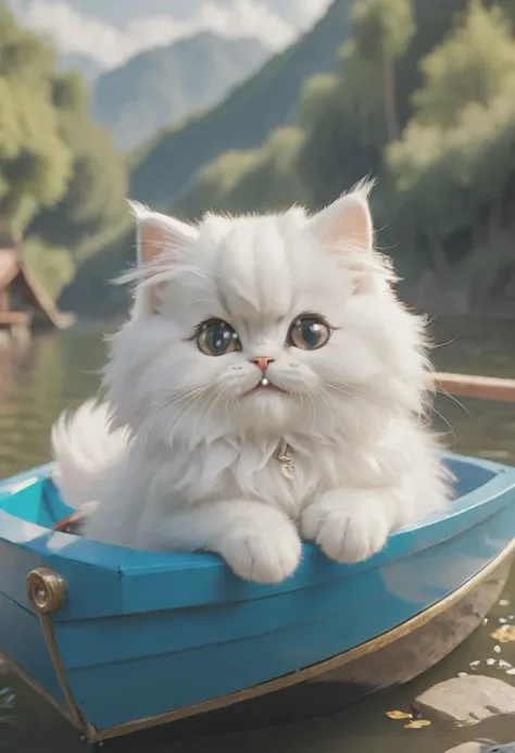 photograph, cinematic color grading, scifi, fantasy, River<lora:EnvyBetterHiresFixXL01:0:hr=1><lora:EnvyBorealXL01:1> cute fluffy persian baby, smiling,  grin, Kitten sitting in a boat on the river