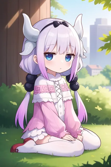 anime, hdr, soft light, ((best quality)), ((masterpiece)), (detailed), <lora:Kanna05:1>, kannakamui, cute, chibi, dragon horns, hair beads, low twintails, dress, thighhighs, looking at viewer, jitome, captivating pose, wariza, city, nature, <lora:EyeContro...